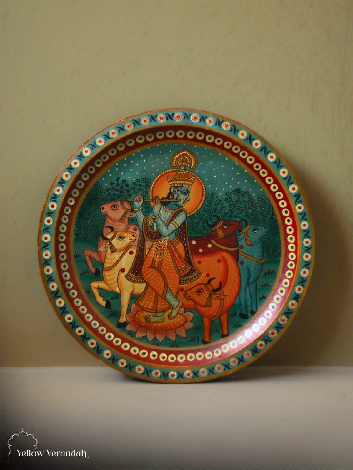 Pichwai Krishna Wooden Wall Plate - 15"