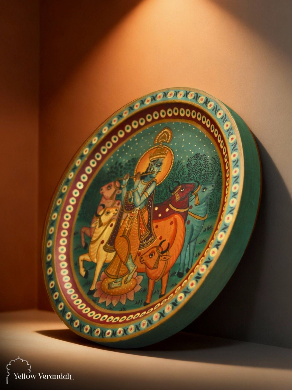 Pichwai Krishna Wooden Wall Plate - 15"