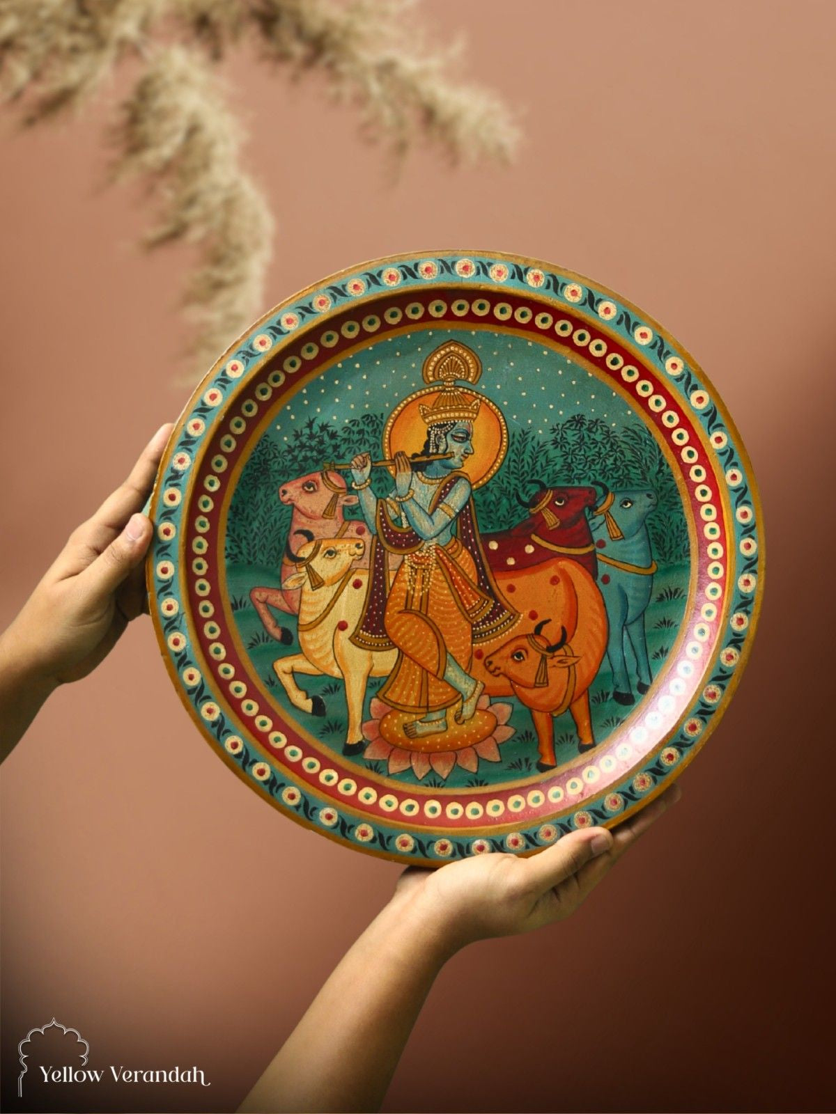 Pichwai Krishna Wooden Wall Plate - 15"