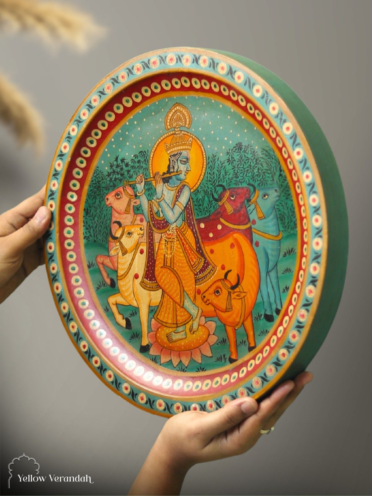 Pichwai Krishna Wooden Wall Plate - 15"