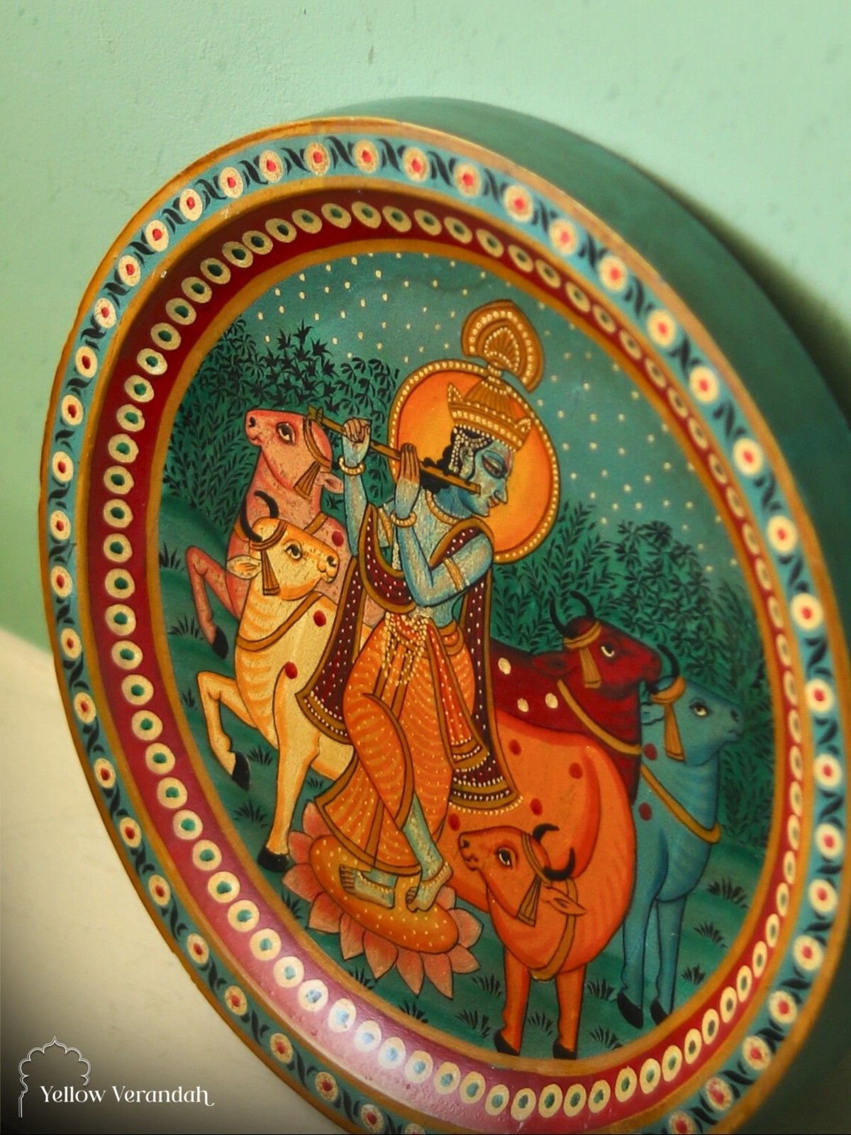 Pichwai Krishna Wooden Wall Plate - 15"