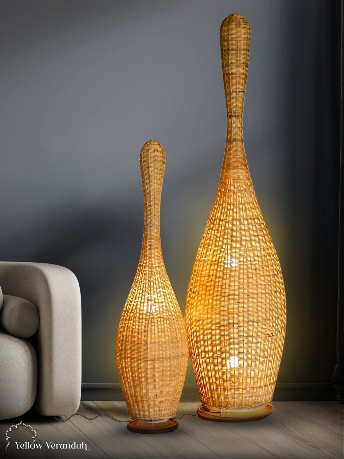 Indonesian Cane Tenpin Floor Lamps - Set of 2