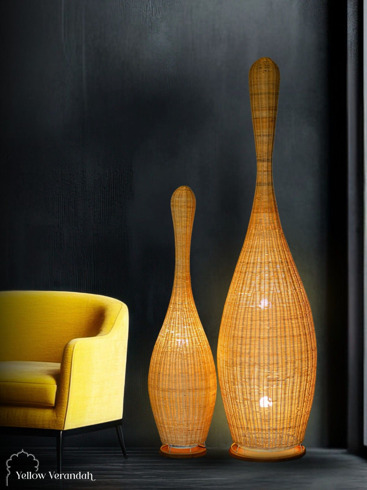 Indonesian Cane Tenpin Floor Lamps - Set of 2