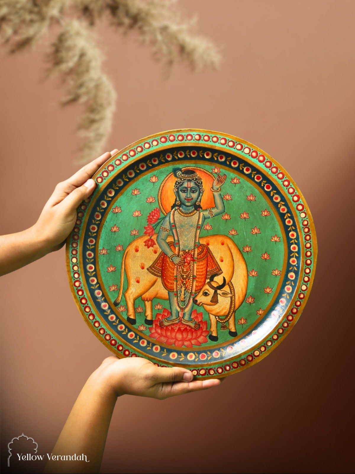 Pichwai Krishna Wooden Wall Plate - 15"