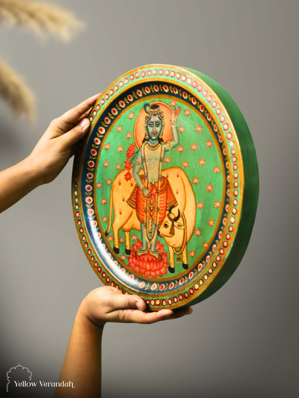 Pichwai Krishna Wooden Wall Plate - 15"