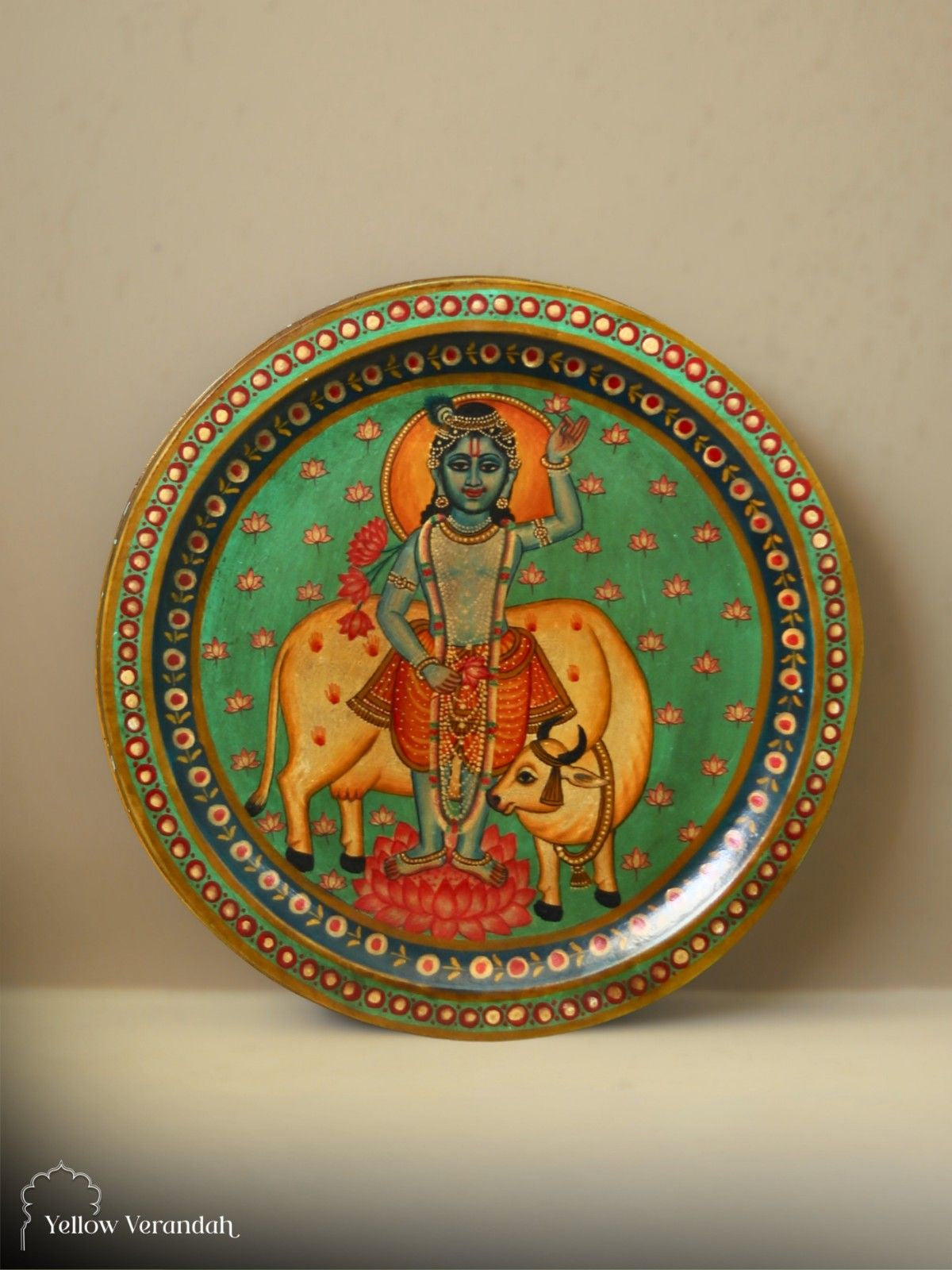 Pichwai Krishna Wooden Wall Plate - 15"