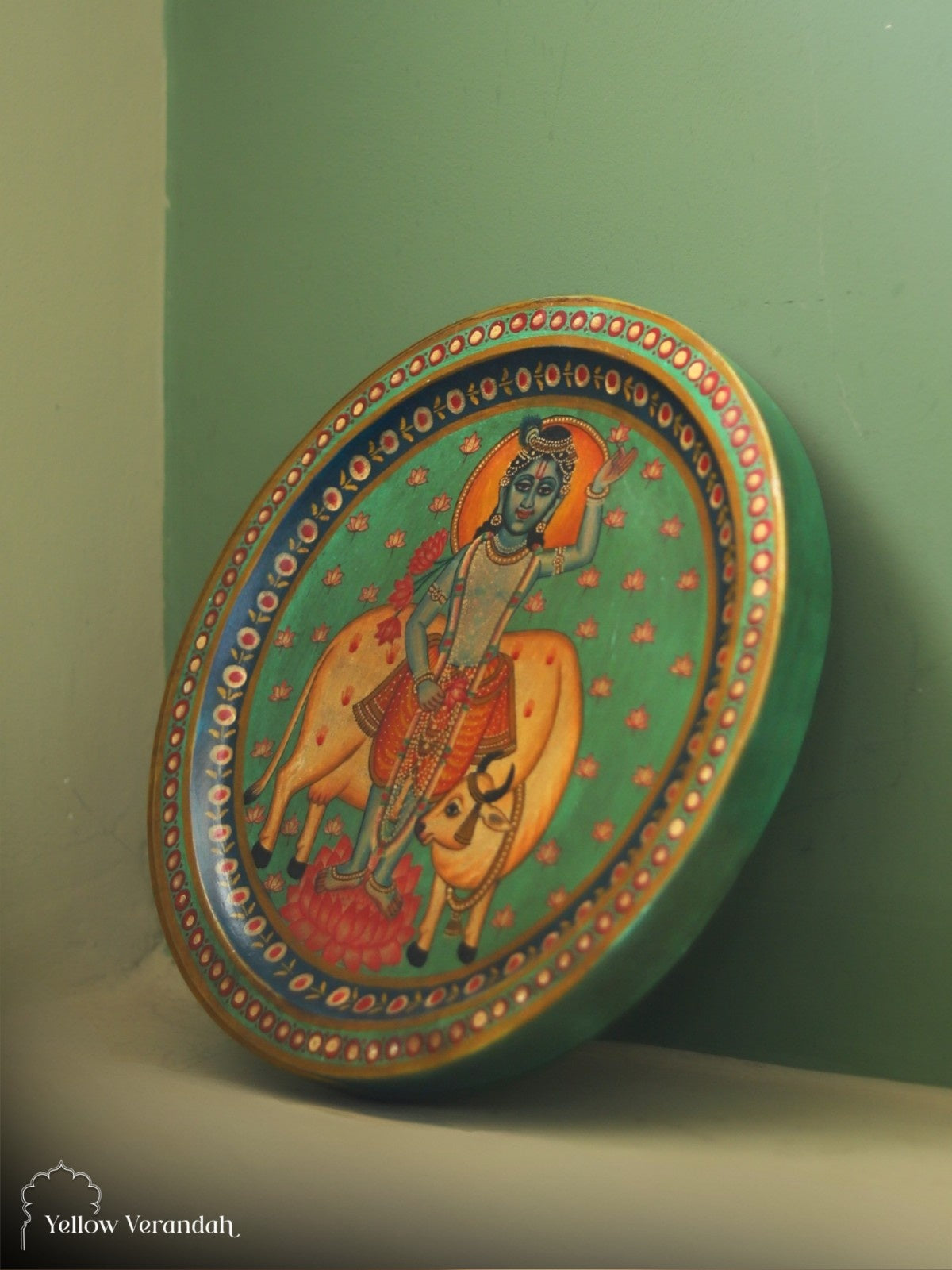 Pichwai Krishna Wooden Wall Plate - 15"
