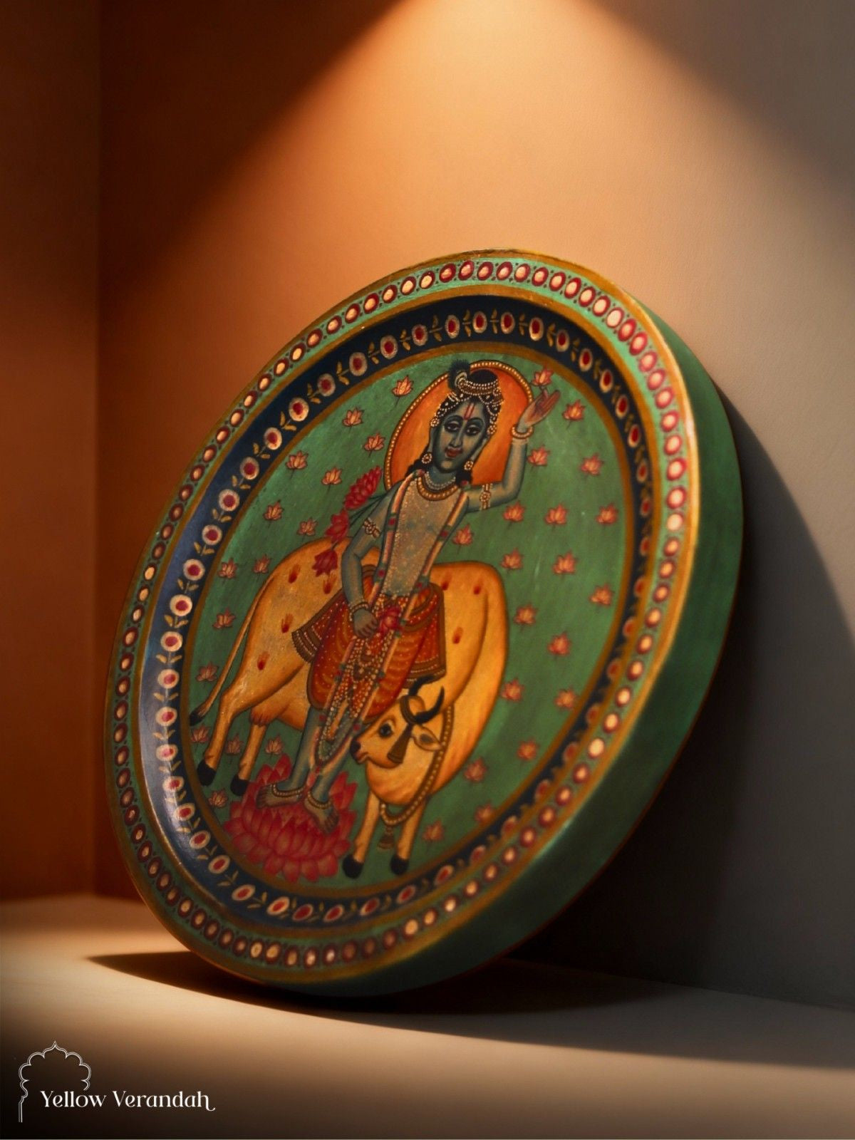 Pichwai Krishna Wooden Wall Plate - 15"