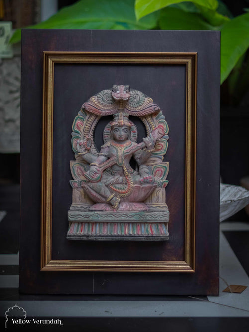 Antique Saraswathi on Wooden Wall Frame