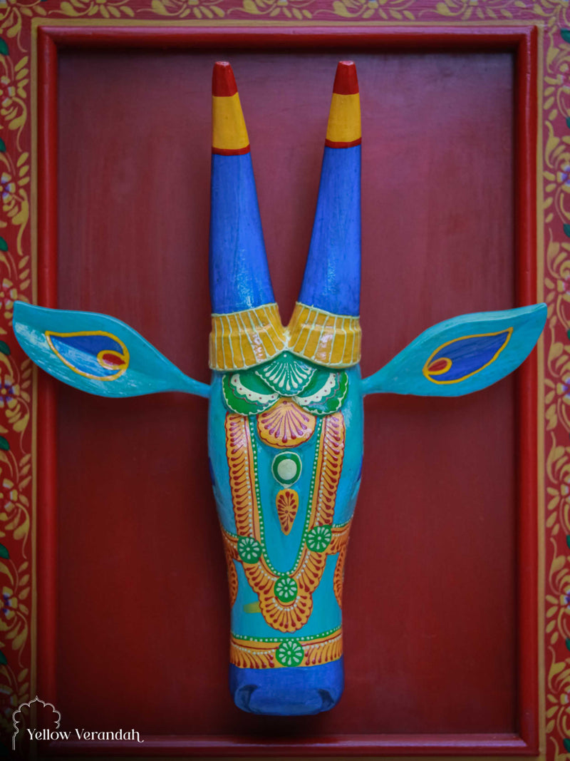 Blue Nandi Head on Wooden Frame