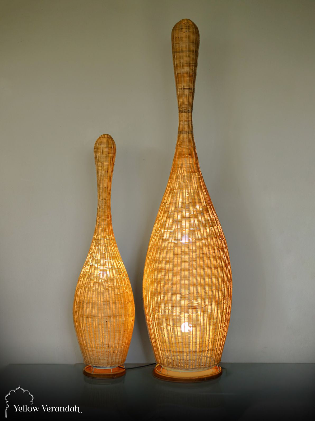 Indonesian Cane Tenpin Floor Lamps - Set of 2