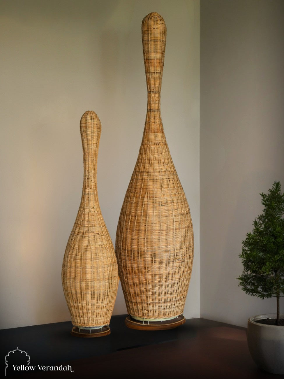 Indonesian Cane Tenpin Floor Lamps - Set of 2