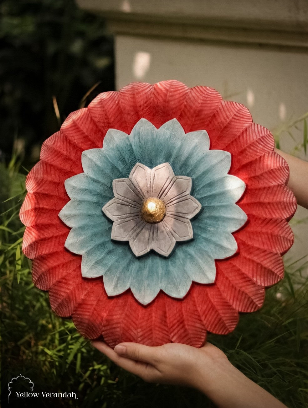 Hand Carved Wooden Floral Wall Plate - 14"