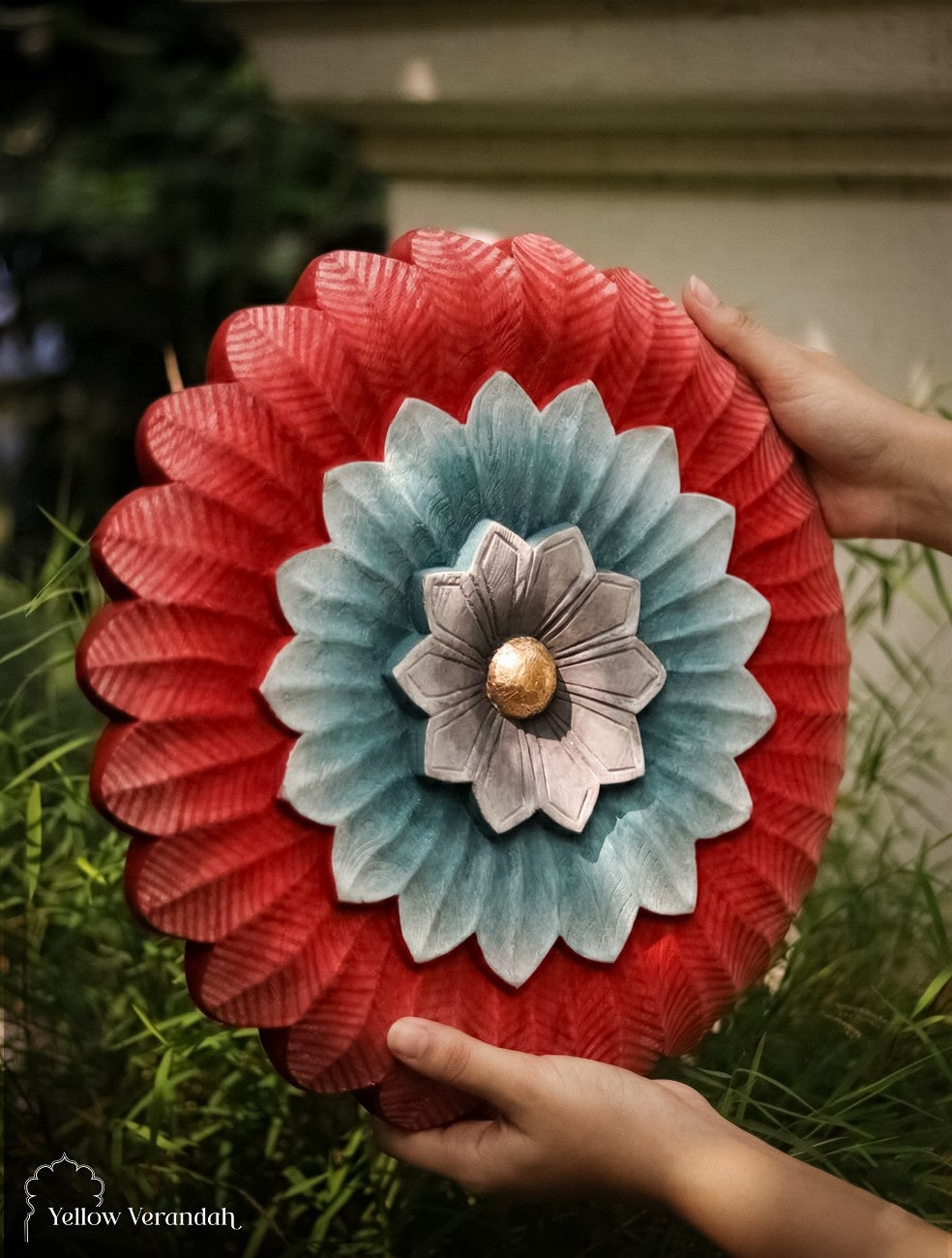 Hand Carved Wooden Floral Wall Plate - 14"