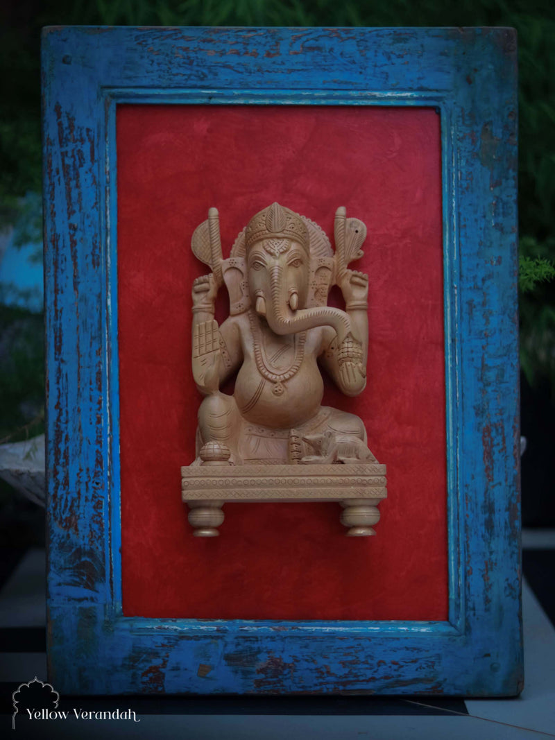 Wooden Ganesha on Antique Wall Frame 