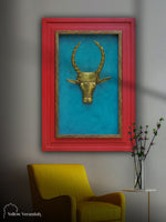 Wooden Wall Frame with Brass Cow 