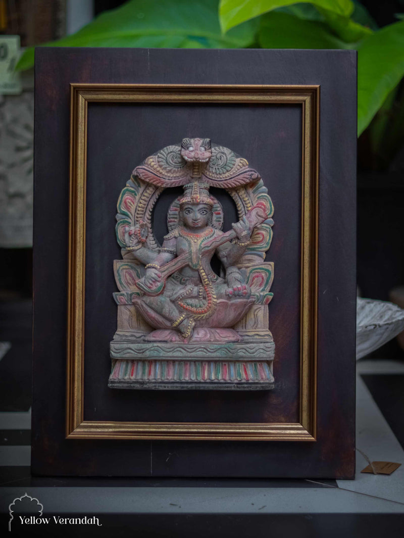 Antique Wooden Saraswati on Wall Frame