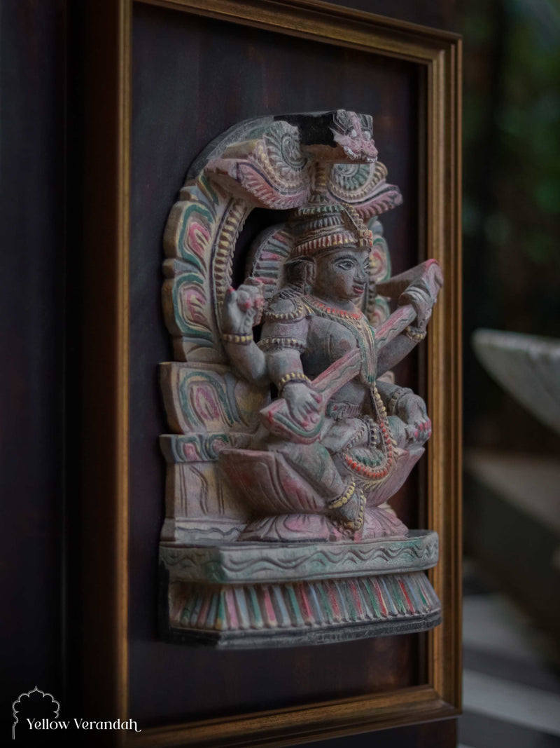 Antique Wooden Saraswati on Wall Frame