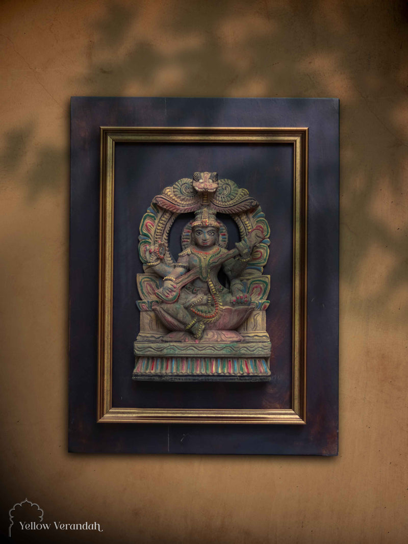 Antique Wooden Saraswati on Wall Frame