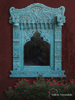 Wooden Jharokha Mirror - Light Blue
