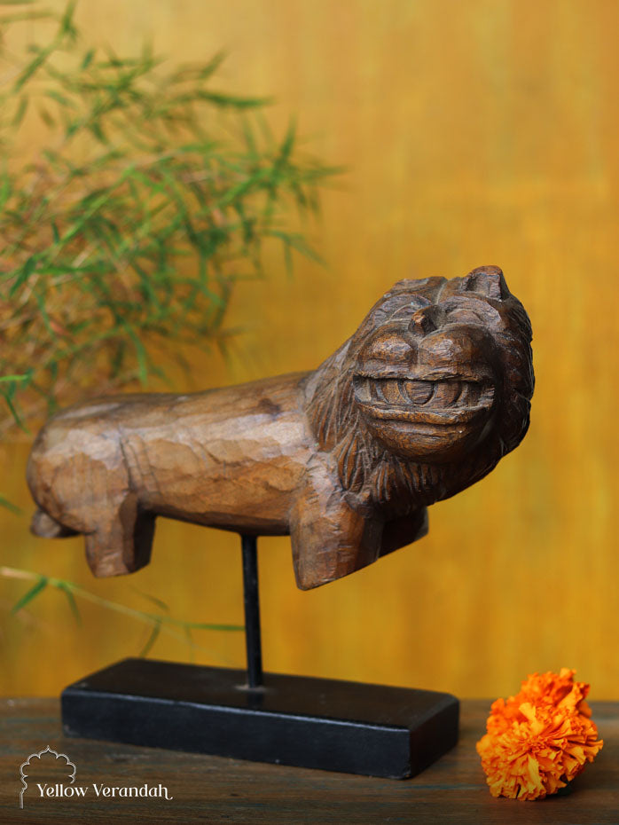 Antique Wooden Lion on Stand